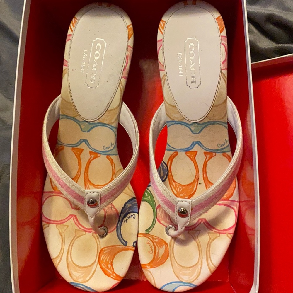 Coach felicity wedge flip flop sandals multicolor logo print on insole. Size 11